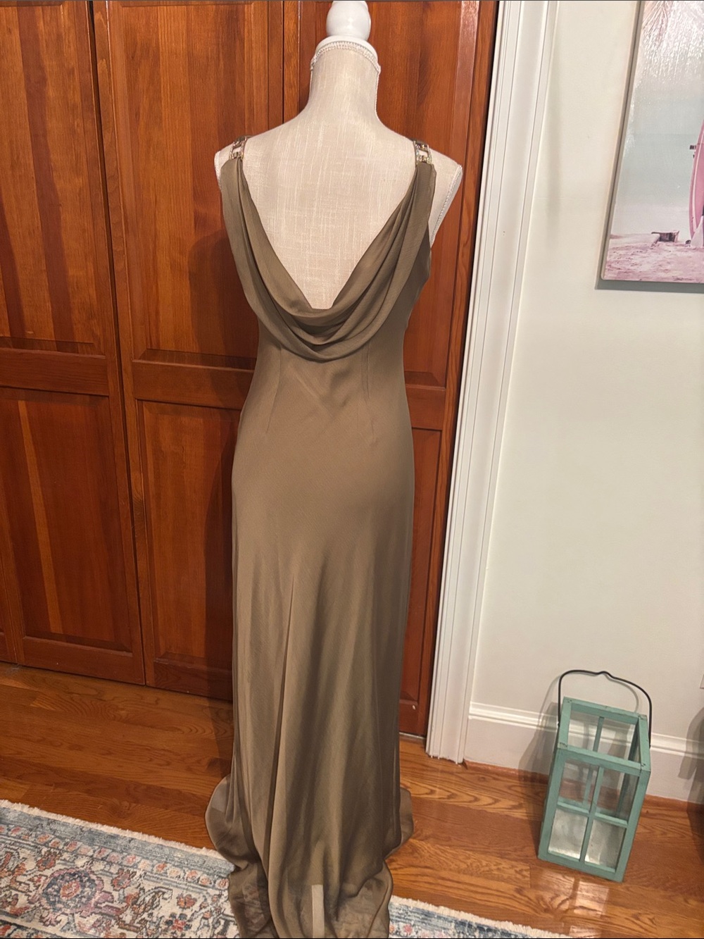 Alex Evenings Olive Satin Draped Cowl Gown - Picture 3 of 5